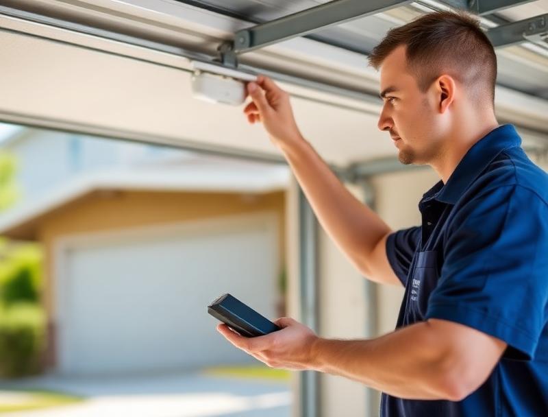 Professional garage door technician testing safety features